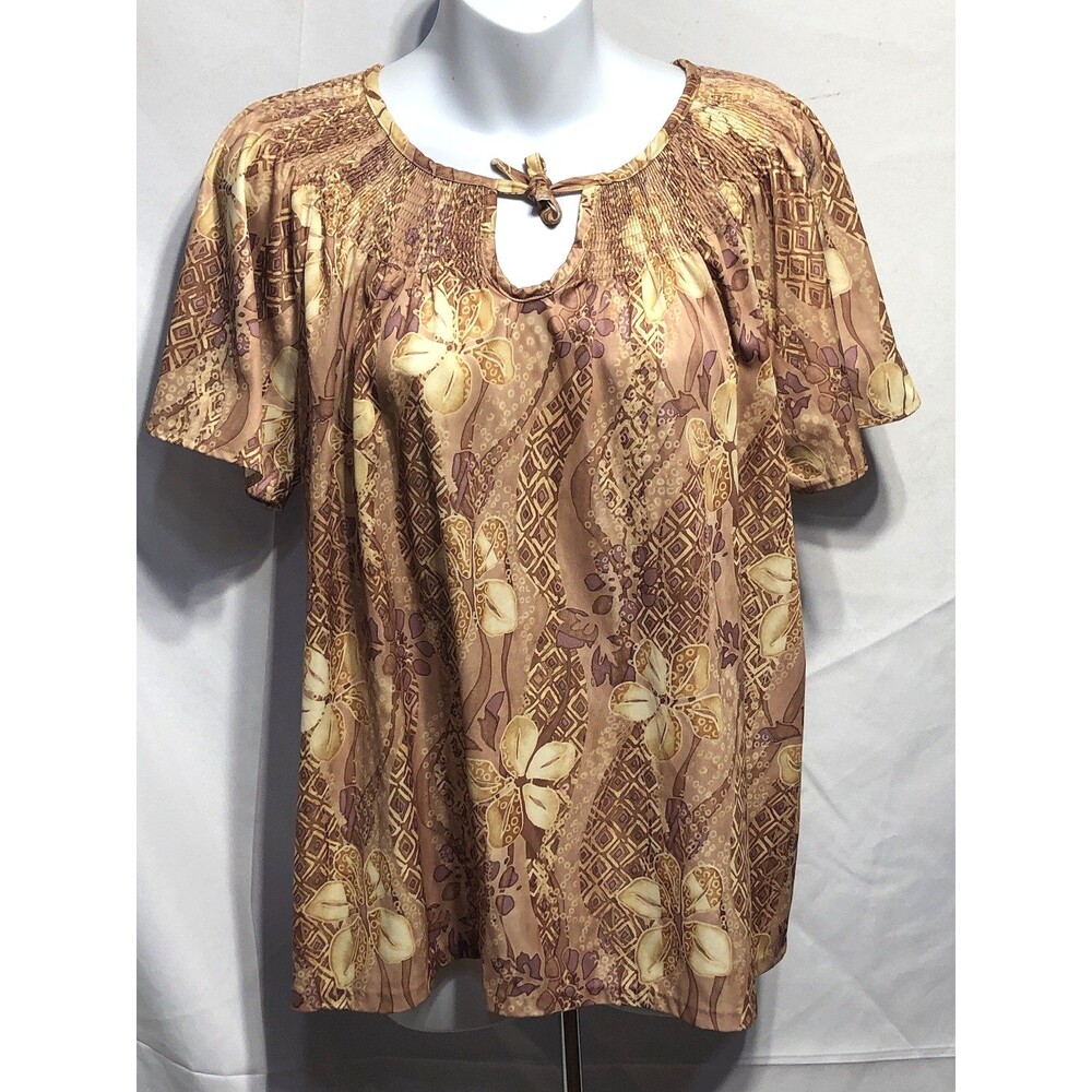 Vintage Top L Lt Brown Gold Floral Keyhole Smocked Flowy Tropical Boho Hippie